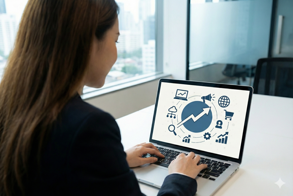 Femme d'affaires vue de dos analysant sur l'écran de son ordinateur portable un schéma graphique illustrant une stratégie de pénétration digitale et de croissance.